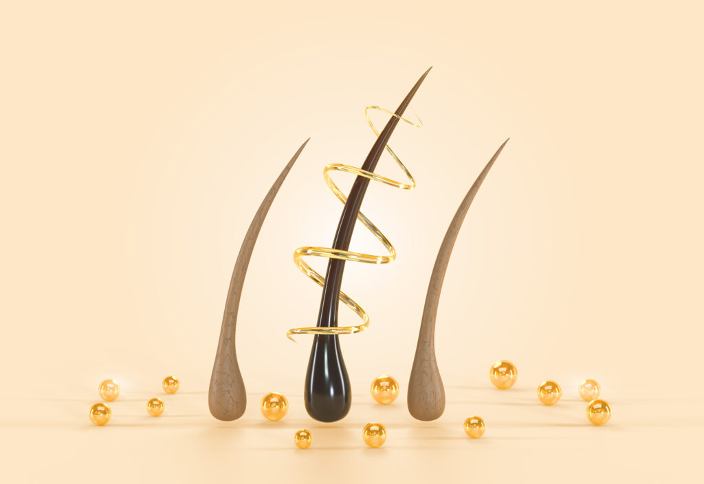 hair care treatment mockup banner 3d render. repair hair follicle with liquid oil spiral, keratin or serum on beige background with golden pearls. cosmetics product or shampoo ad